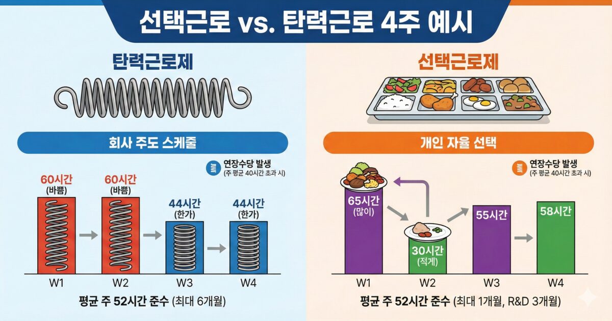 탄력근로제와 선택근로제의 개념 차이를 스프링과 뷔페 비유 및 4주간의 근로시간 배분 예시로 시각화하여 설명하는 인포그래픽입니다.