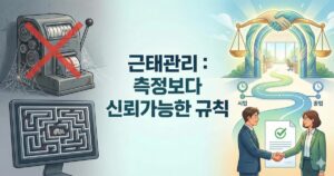 감시를 상징하는 낡은 근태 기록기와 미로 속 생쥐의 모습이 담긴 과거의 방식에서 벗어나, 시업과 종업의 명확한 기준 아래 상호 신뢰의 악수를 나누는 현대적 HR 패러다임을 시각화한 일러스트레이션입니다.