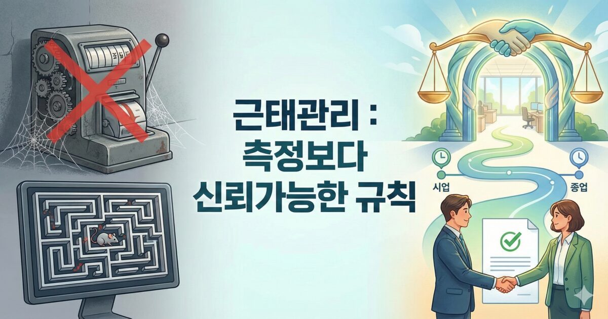 감시를 상징하는 낡은 근태 기록기와 미로 속 생쥐의 모습이 담긴 과거의 방식에서 벗어나, 시업과 종업의 명확한 기준 아래 상호 신뢰의 악수를 나누는 현대적 HR 패러다임을 시각화한 일러스트레이션입니다.