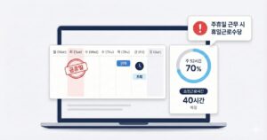 공휴일·연차·조퇴가 표시된 주간 캘린더와 주 52시간 게이지, 소정근로시간 카운터 및 ‘주휴일 근무 시 휴일근로수당’ 콜아웃이 함께 있는 근태관리 대시보드 일러스트.