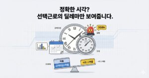 시계와 스톱워치, 208h 알림, 코어타임·자율과 사전 스케줄 저울이 대비된 선택근로 딜레마 인포그래픽.