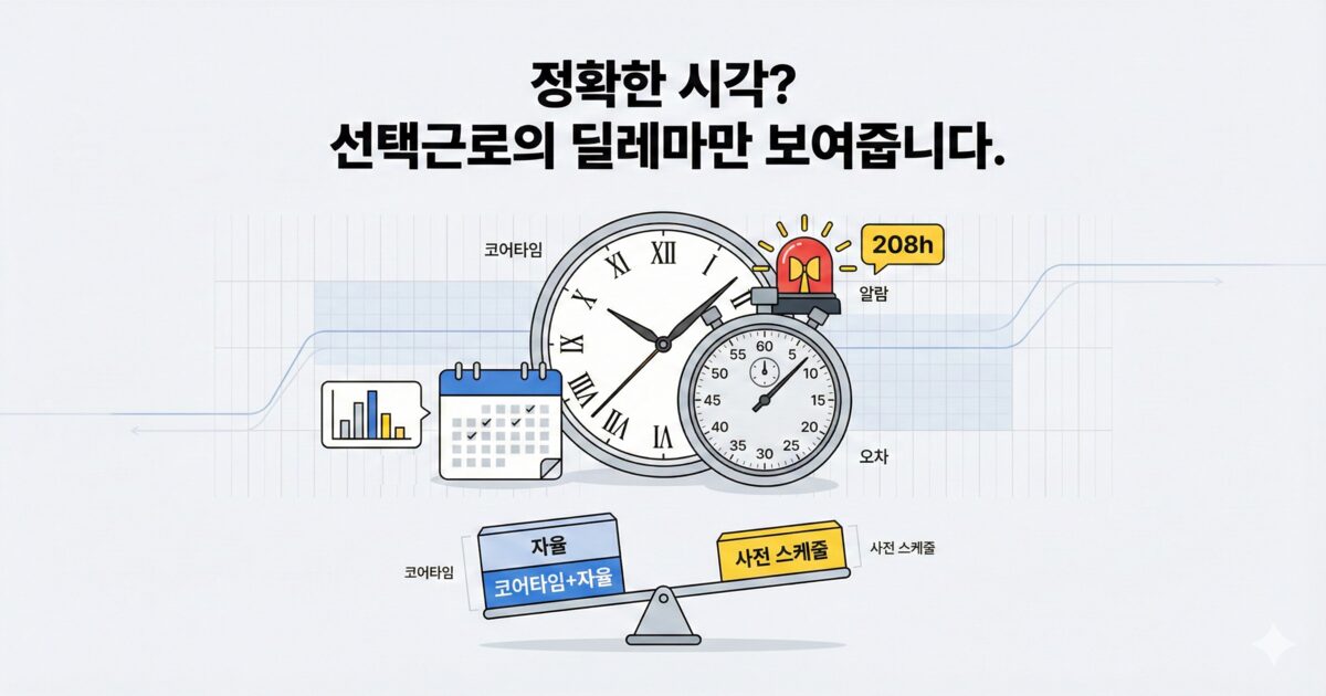 시계와 스톱워치, 208h 알림, 코어타임·자율과 사전 스케줄 저울이 대비된 선택근로 딜레마 인포그래픽.