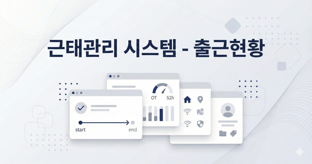 미니멀한 SaaS 대시보드 일러스트에 체크·타임라인·OT 게이지·재택/근무지·IP/Wi-Fi·GPS 아이콘이 배치되고 상단에 “근태관리 시스템 - 출근현황”