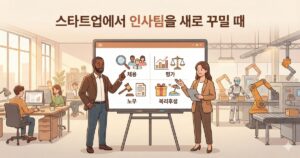 제조 스타트업 사무실과 생산 라인을 배경으로 대표와 인사담당자가 채용·평가·노무를 상징하는 아이콘 앞에서 논의하는 장면.