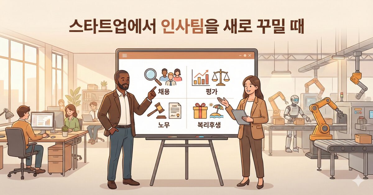제조 스타트업 사무실과 생산 라인을 배경으로 대표와 인사담당자가 채용·평가·노무를 상징하는 아이콘 앞에서 논의하는 장면.
