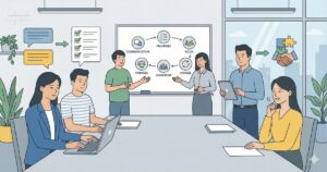 직장 내 갈등 해결을 위해 팀이 역할과 우선순위를 정리하며 대화하는 협업 일러스트