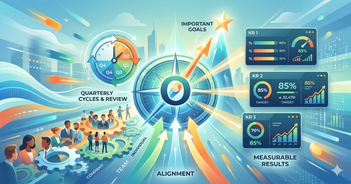 나침반과 톱니바퀴, 대시보드 요소를 활용해 조직의 목표 정렬과 성과 측정을 시각적으로 표현한 OKR 프레임워크 이미지입니다.