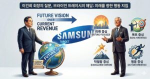 이건희 회장의 미래 비전 질문과 브라이언 트레이시의 4가지 핵심 성공 철학을 결합하여 표현한 전략 인포그래픽입니다.