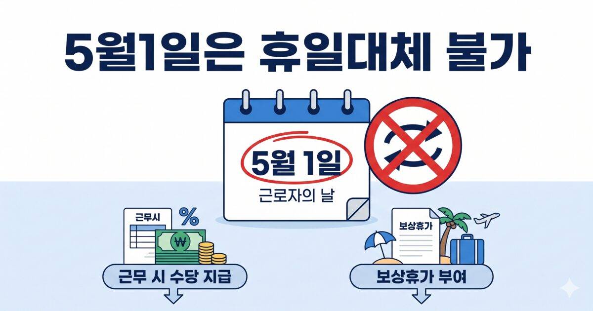 '5월 1일은 휴일대체 불가'라는 제목과 함께 달력, 금지 아이콘, 수당 지급 및 보상 휴가 서류 일러스트가 포함된 인포그래픽 이미지입니다.