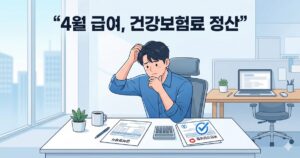 사무실 책상에서 급여명세서와 건강보험 서류를 확인하며 생각에 잠긴 직장인의 모습을 그린 깔끔한 일러스트입니다.