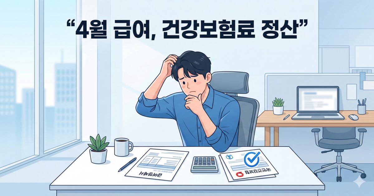 사무실 책상에서 급여명세서와 건강보험 서류를 확인하며 생각에 잠긴 직장인의 모습을 그린 깔끔한 일러스트입니다.