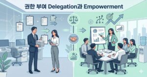 왼쪽의 업무 전달(Delegation) 장면과 오른쪽의 주도적 의사결정(Empowerment) 장면을 대비시켜 리더십 개념을 설명하는 비즈니스 인포그래픽 스타일의 썸네일 이미지