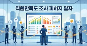 데이터 대시보드와 체크리스트, 대형 돋보기를 통한 기업-직원 악수, 그리고 고민하는 직장인들이 유리 사무실 배경에 어우러진 전문적인 일러스트레이션입니다.