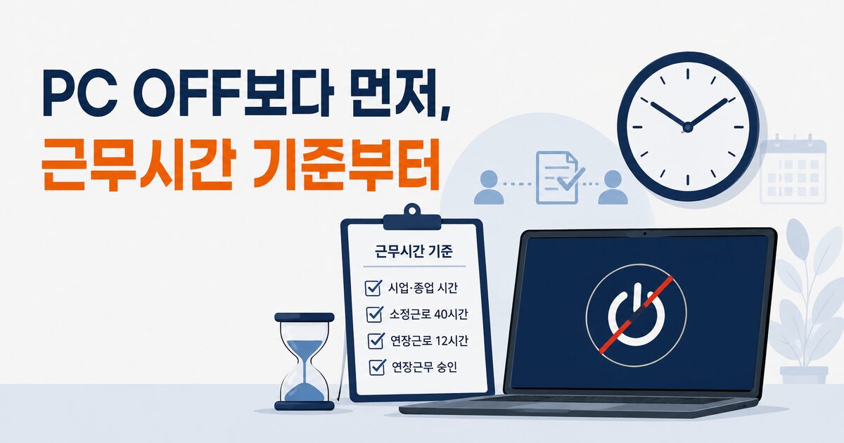 PC OFF보다 근무시간 기준 수립이 먼저라는 메시지를 시계, 노트북, 체크리스트로 표현한 이미지