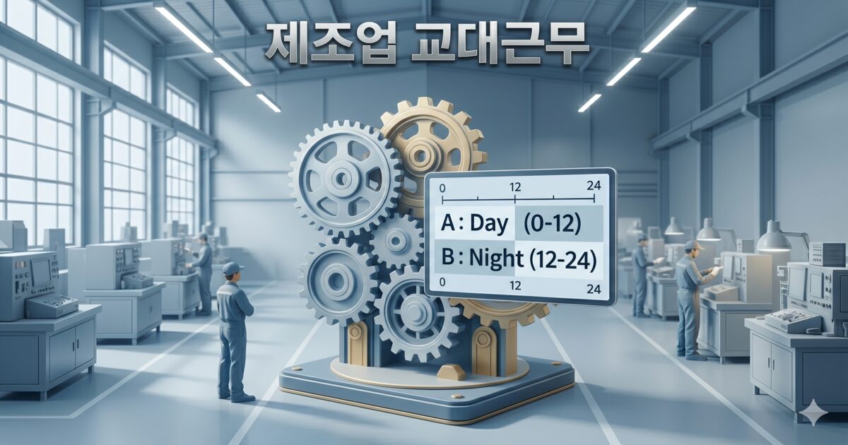 제조업 공장에서 두 명의 작업자가 대형 기어 장치와 2교대 근무 시간표가 표시된 화면을 바라보고 있습니다.