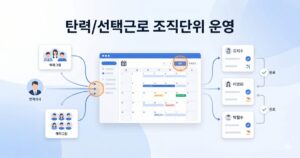 앙의 디지털 캘린더를 중심으로 관리자가 유연 근무 일정을 배포하고 팀원들이 개별적으로 확인 및 조정하는 과정을 담은 현대적인 HR 테크 일러스트레이션입니다.