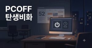 어두운 밤 사무실 책상에 켜진 PC 화면이 보이는 일러스트