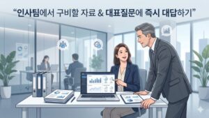 데이터 대시보드를 보며 대표의 질문에 즉시 답변하는 당당한 인사 담당자의 모습
