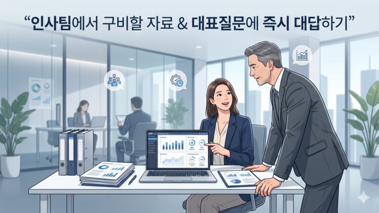 데이터 대시보드를 보며 대표의 질문에 즉시 답변하는 당당한 인사 담당자의 모습