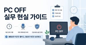 PC OFF 제도 도입 시 야근 관리, 이석·저녁시간 처리, 긴급사용 기준을 점검하는 실무자용 가이드 이미지입니다.