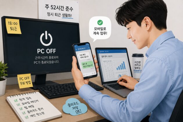 PC OFF로 컴퓨터가 종료된 뒤에도 직원이 스마트폰과 노트북을 활용해 업무를 이어가는 모습을 표현한 일러스트