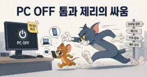PC OFF 화면이 표시된 컴퓨터 옆에서 스마트폰으로 업무를 이어가는 제리를 톰이 쫓아가는 모습을 통해 PC Off 제도의 한계를 표현한 일러스트