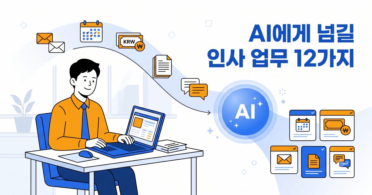 AI에게 넘길 수 있는 인사 업무 12가지: 인사담당자의 반복 업무 아이콘(메일·캘린더·급여·서류·문의)이 AI 허브를 거쳐 정리된 카드로 재배열되는 모습을 그린 플랫 일러스트