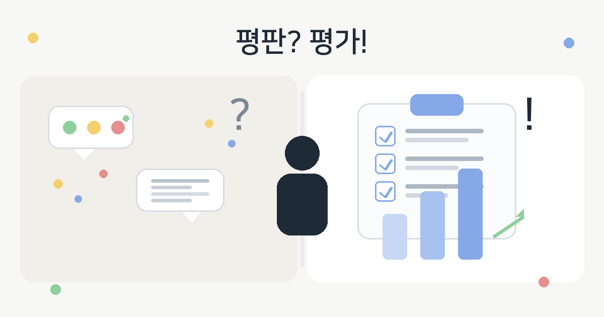 평판을 상징하는 말풍선과 물음표, 평가를 상징하는 체크리스트와 상승 그래프 사이에 사람이 서 있는 심플한 일러스트. 상단에는 “평판? 평가!”라는 제목이 표시되어 있다.