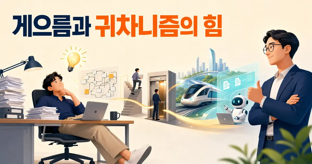 반복 업무에 지친 직원의 아이디어가 엘리베이터, 교통수단, AI 자동화로 이어지고 리더가 이를 지지하는 모습을 담은 이미지