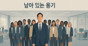다수 직원들 앞에 침착하게 선 리더와 멀리 떨어진 소수의 불만 있는 인물들을 표현한 일러스트