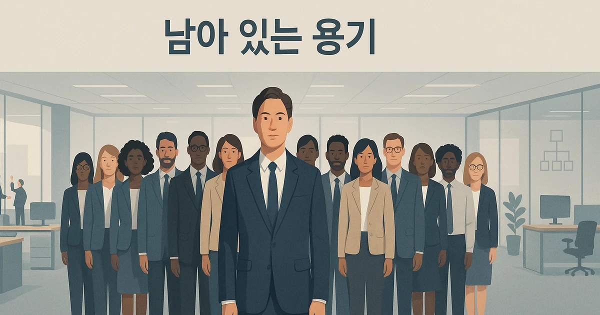 다수 직원들 앞에 침착하게 선 리더와 멀리 떨어진 소수의 불만 있는 인물들을 표현한 일러스트