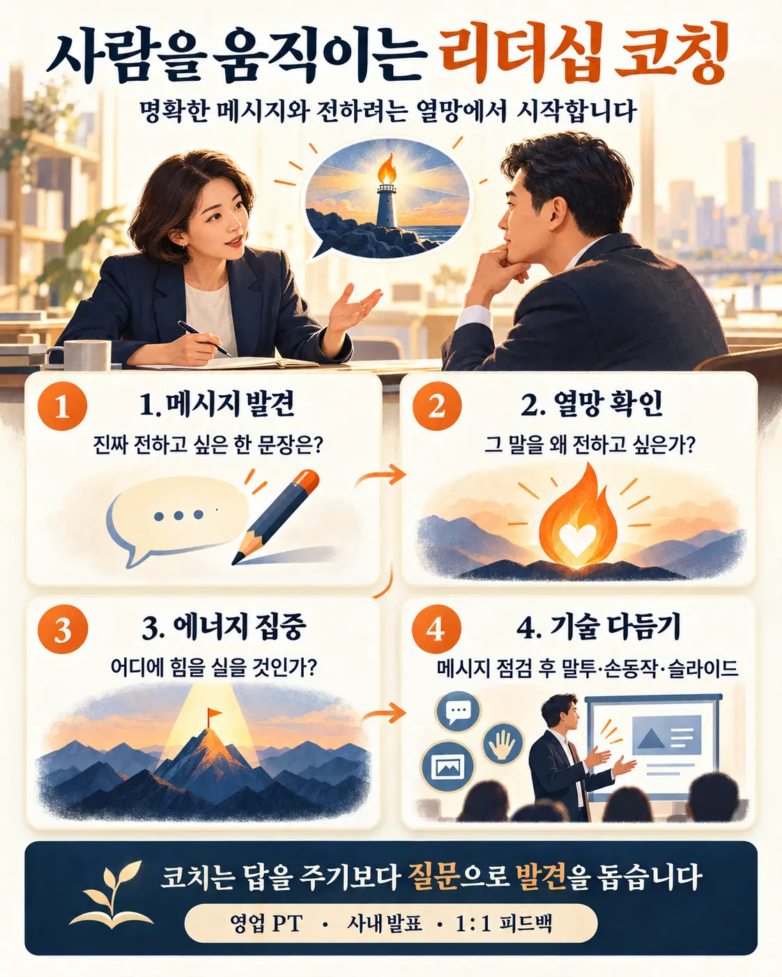코치와 리더가 메시지와 열망에 집중하며 대화하는 모습을 종합적으로 표현한 이미지