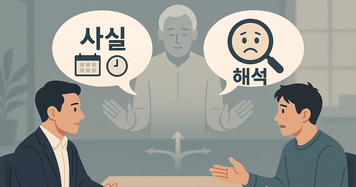 리더와 팀원 사이, 사실과 해석으로 나뉜 생각을 코치가 중재하는 모습